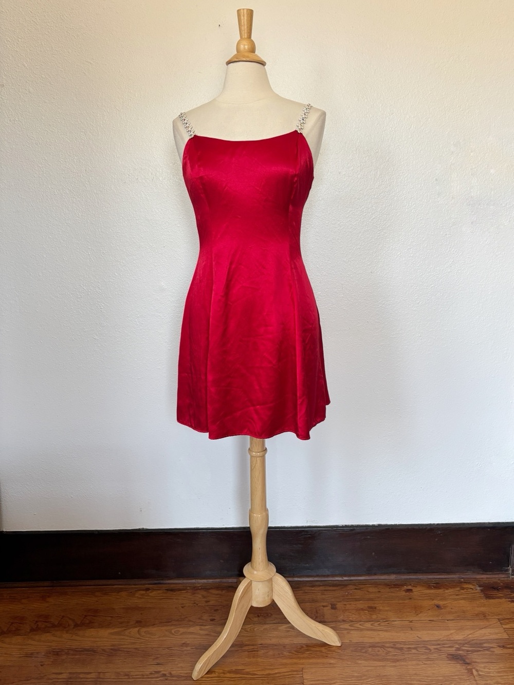 Vintage 90s Gunne Sax Red Satin Mini Dress with Jeweled Floral Straps